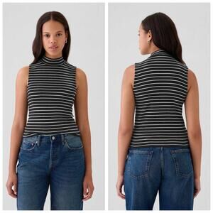 NWT Gap Women's Modern Mock Neck Black White Striped Tank Top Supima Cotton - XS